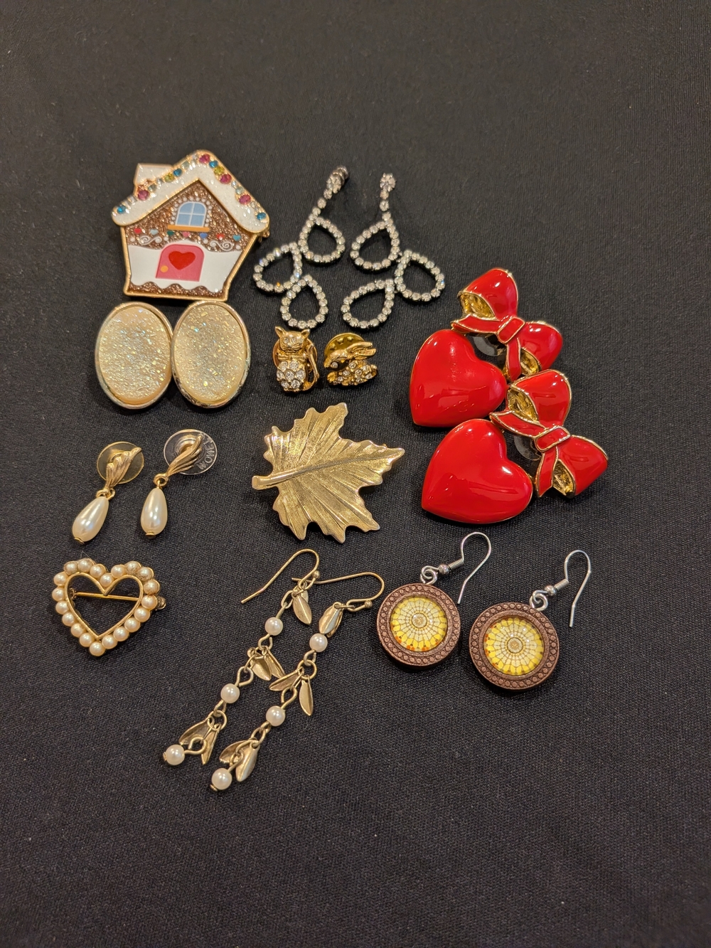 Set Of 11 Jewelry Red Enamel Heart Drop Earrings with Gold Accents